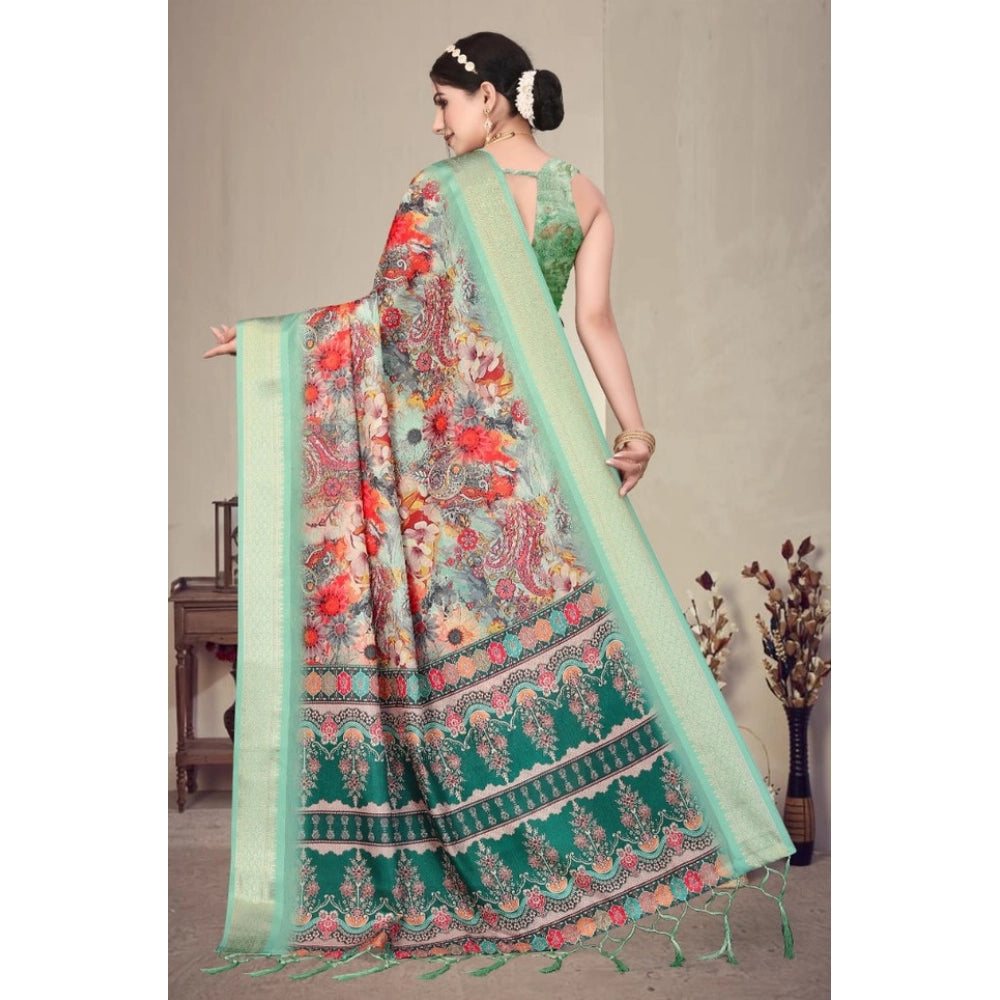 Women'S Cotton Silk Printed Saree With Unstitched Blouse 5.5Mt