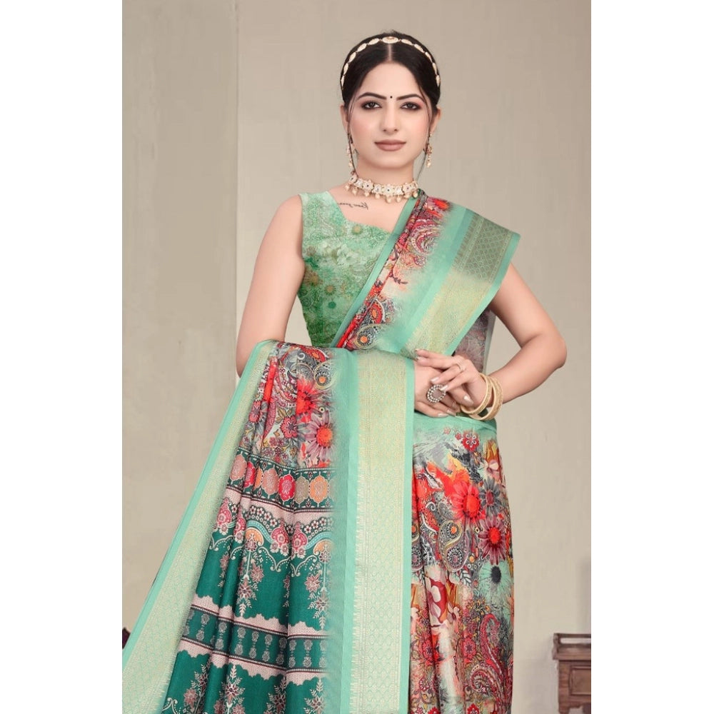 Women'S Cotton Silk Printed Saree With Unstitched Blouse 5.5Mt