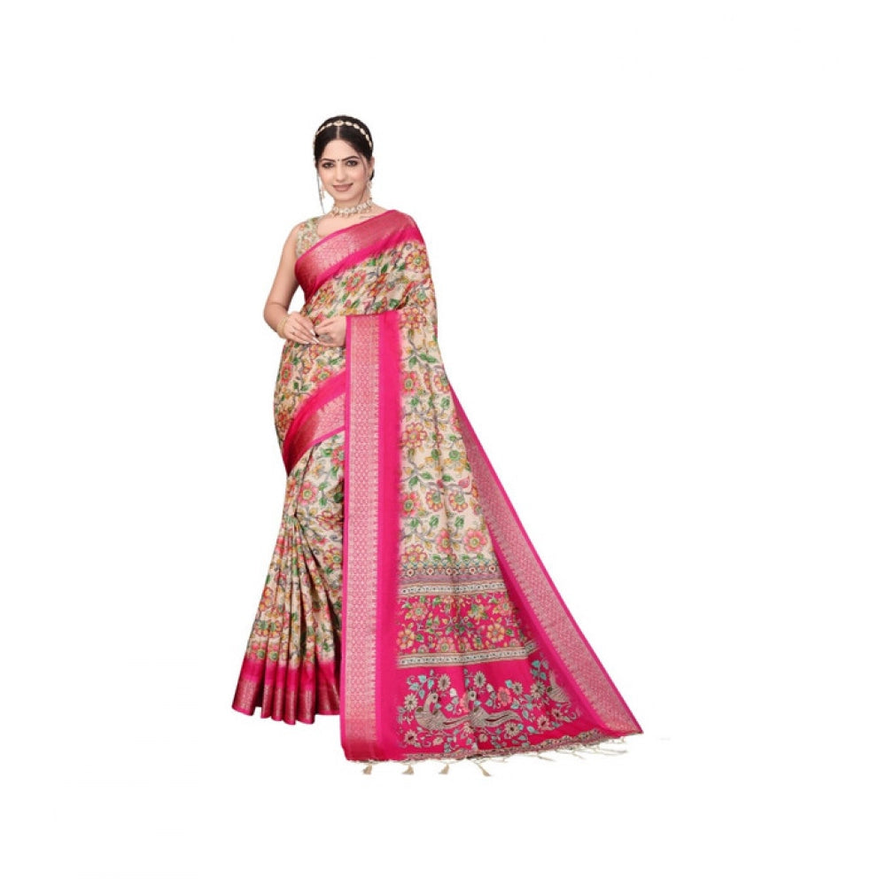 Women's Cotton Silk Printed Saree With Unstitched Blouse 5.5Mtr (Pink) - VANSHELLE