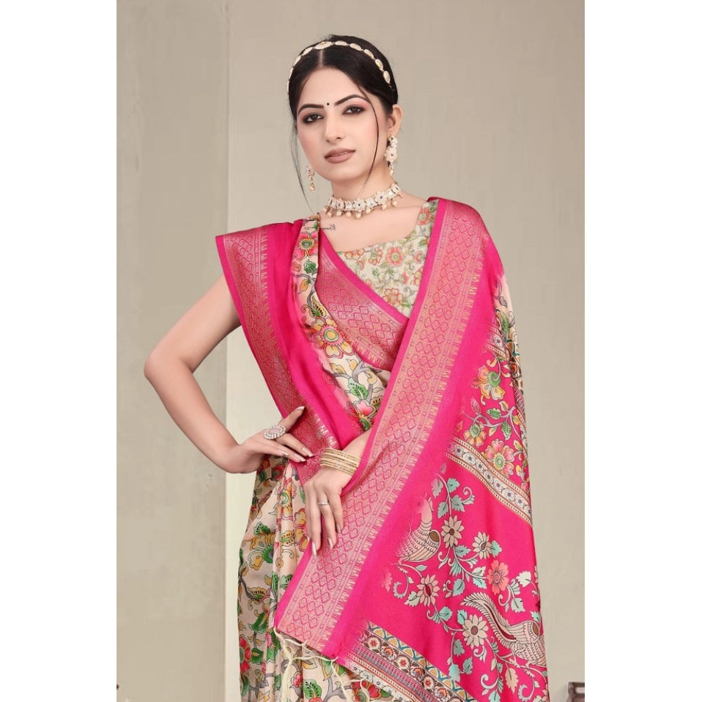 Women's Cotton Silk Printed Saree With Unstitched Blouse 5.5Mtr (Pink) - VANSHELLE