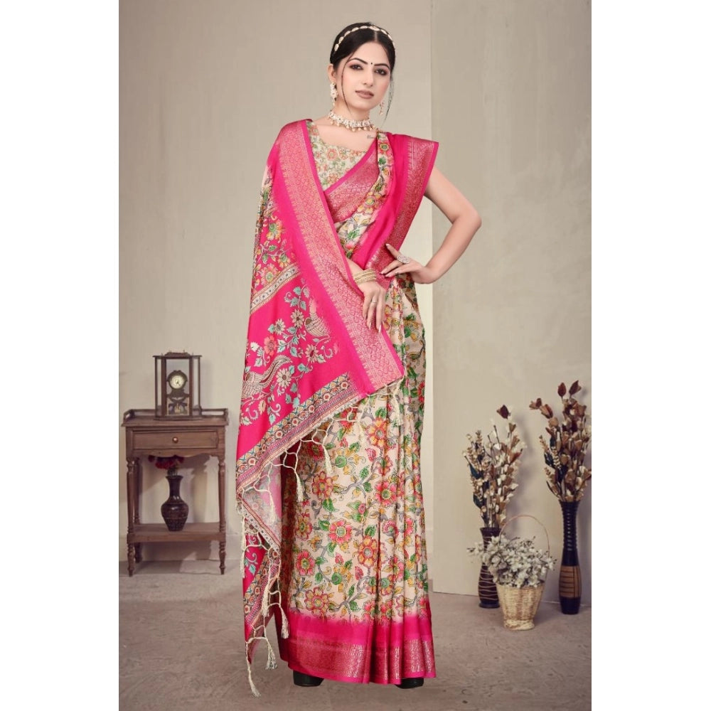 Women's Cotton Silk Printed Saree With Unstitched Blouse 5.5Mtr (Pink) - VANSHELLE