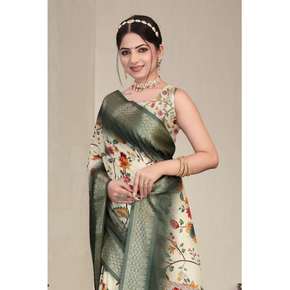Women'S Cotton Silk Printed Saree With Unstitched Blouse 5.5Mt