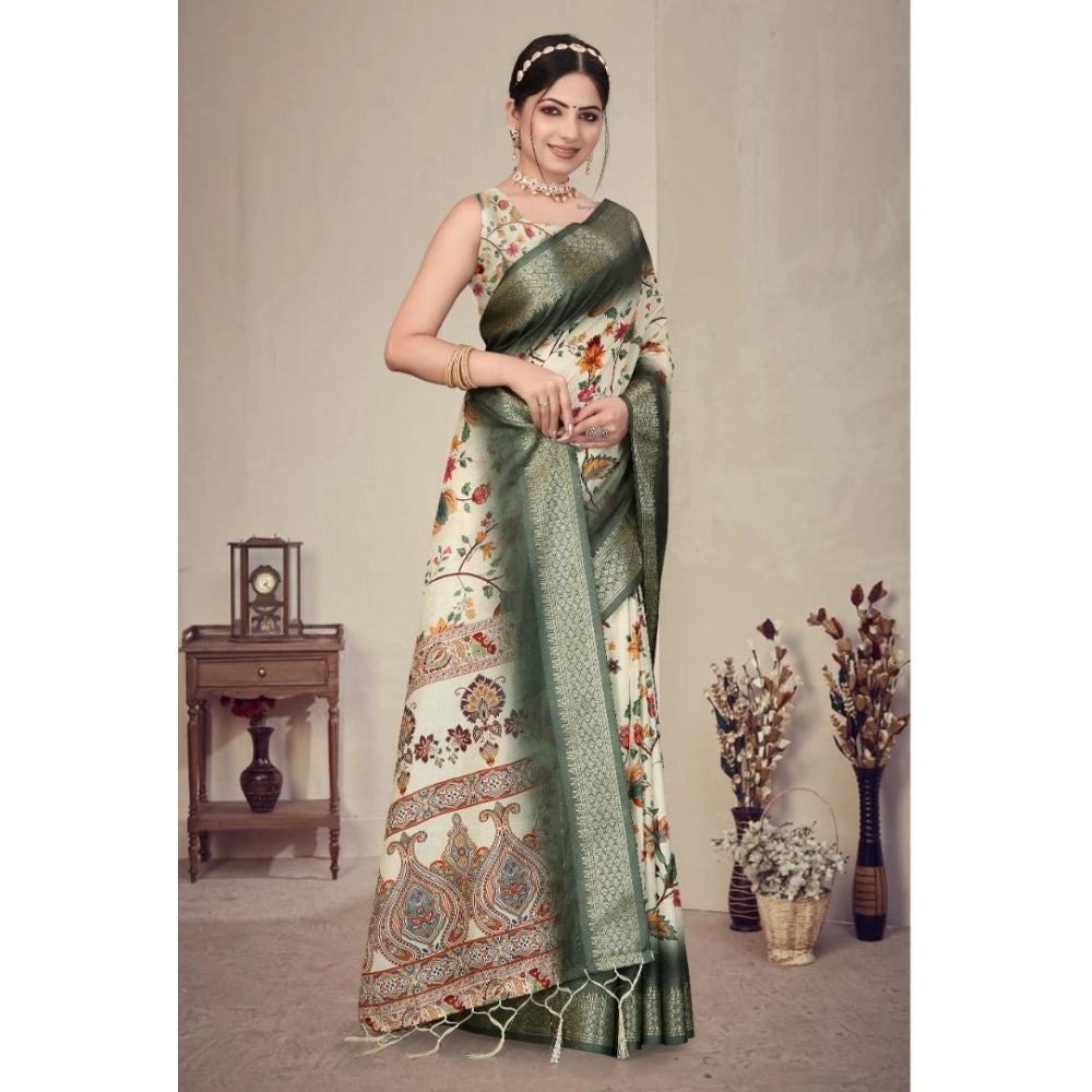 Women'S Cotton Silk Printed Saree With Unstitched Blouse 5.5Mt