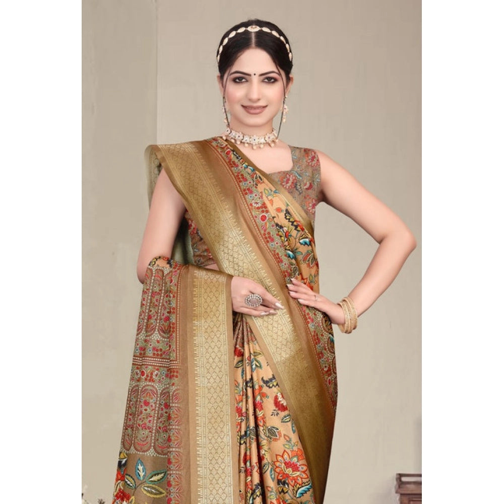 Women'S Cotton Silk Printed Saree With Unstitched Blouse 5.5Mt