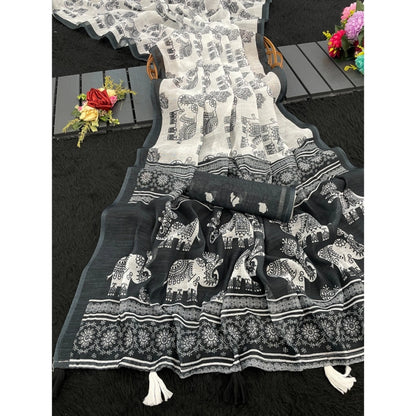 Women's Linen Cotton Printed Saree With Unstitched Blouse 5.5Mtr (Black)