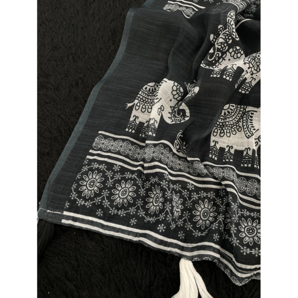 Women's Linen Cotton Printed Saree With Unstitched Blouse 5.5Mtr (Black)