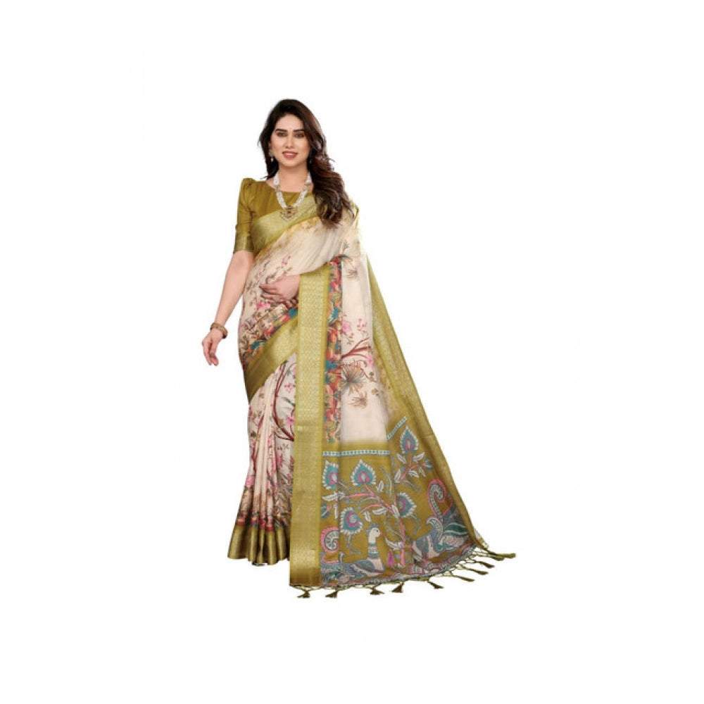 Women'S Cotton Silk Printed Saree With Unstitched Blouse 5.5Mt