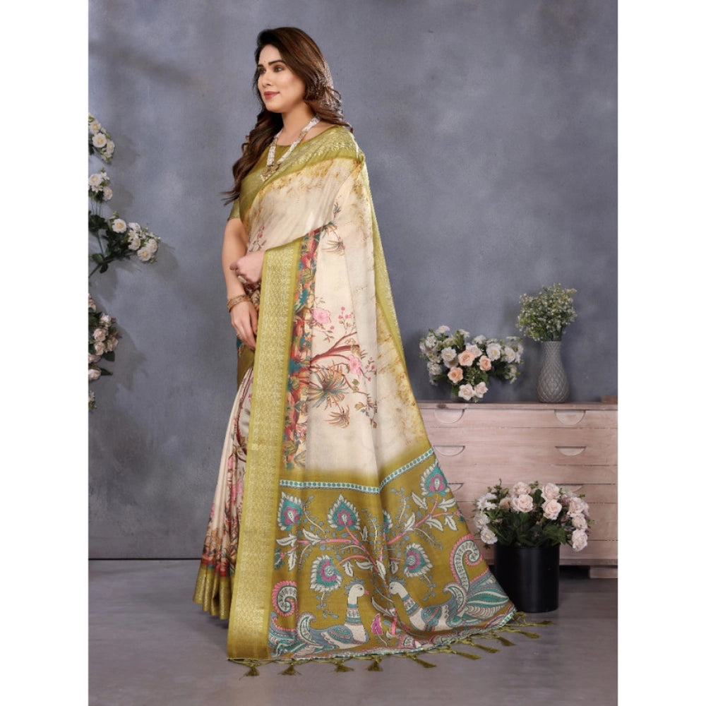 Women'S Cotton Silk Printed Saree With Unstitched Blouse 5.5Mt