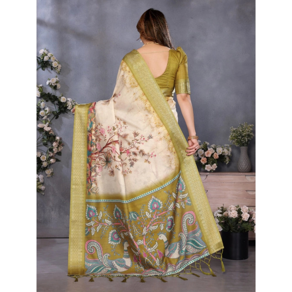 Women'S Cotton Silk Printed Saree With Unstitched Blouse 5.5Mt