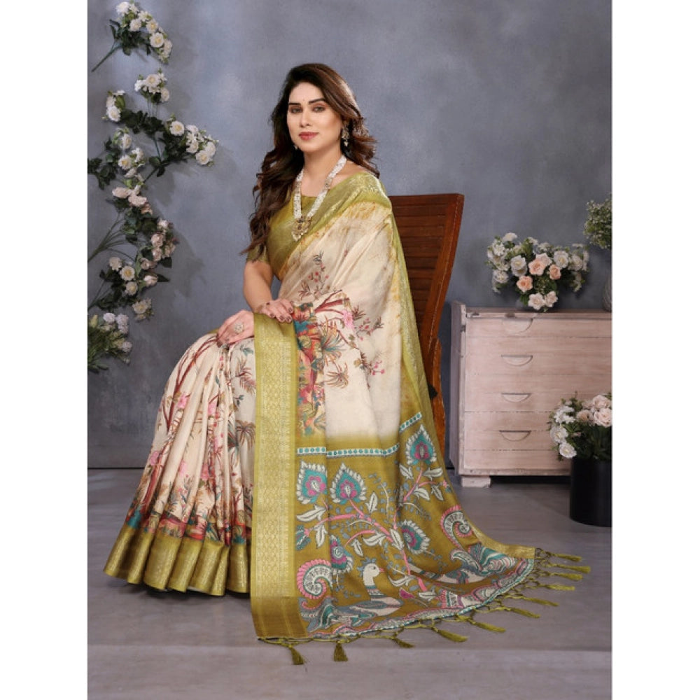 Women'S Cotton Silk Printed Saree With Unstitched Blouse 5.5Mt