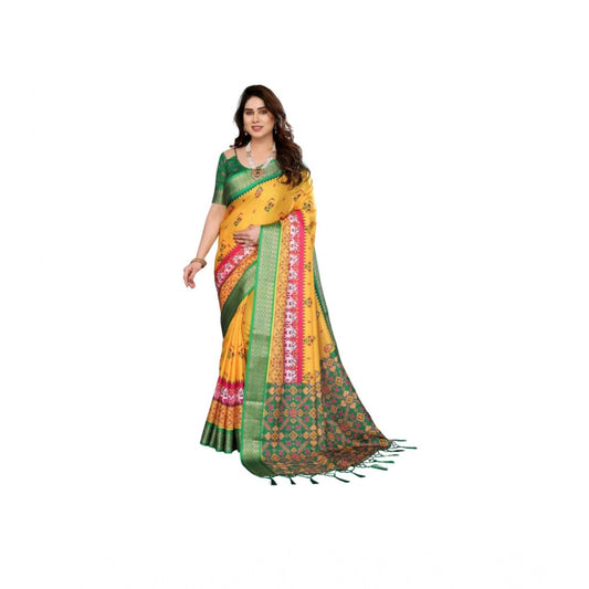 Women's Cotton Silk Printed Saree With Unstitched Blouse 5.5Mtr (Yellow) - VANSHELLE