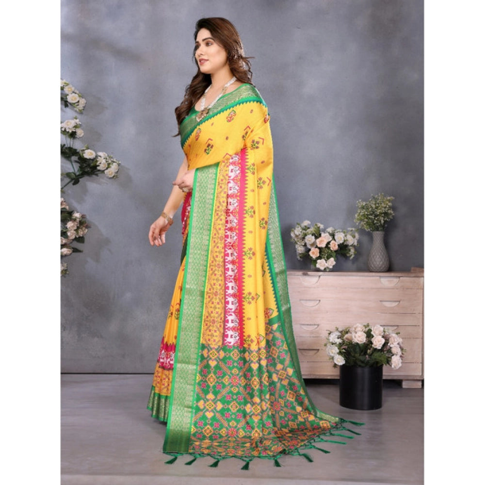 Women's Cotton Silk Printed Saree With Unstitched Blouse 5.5Mtr (Yellow) - VANSHELLE