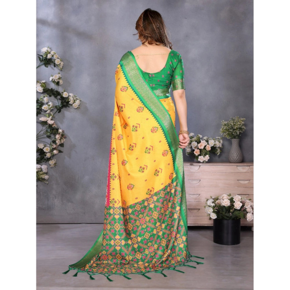 Women's Cotton Silk Printed Saree With Unstitched Blouse 5.5Mtr (Yellow) - VANSHELLE