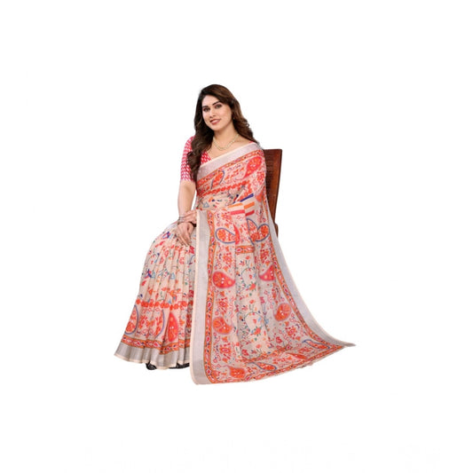Women'S Linen Cotton Printed Saree With Unstitched Blouse 5.5M