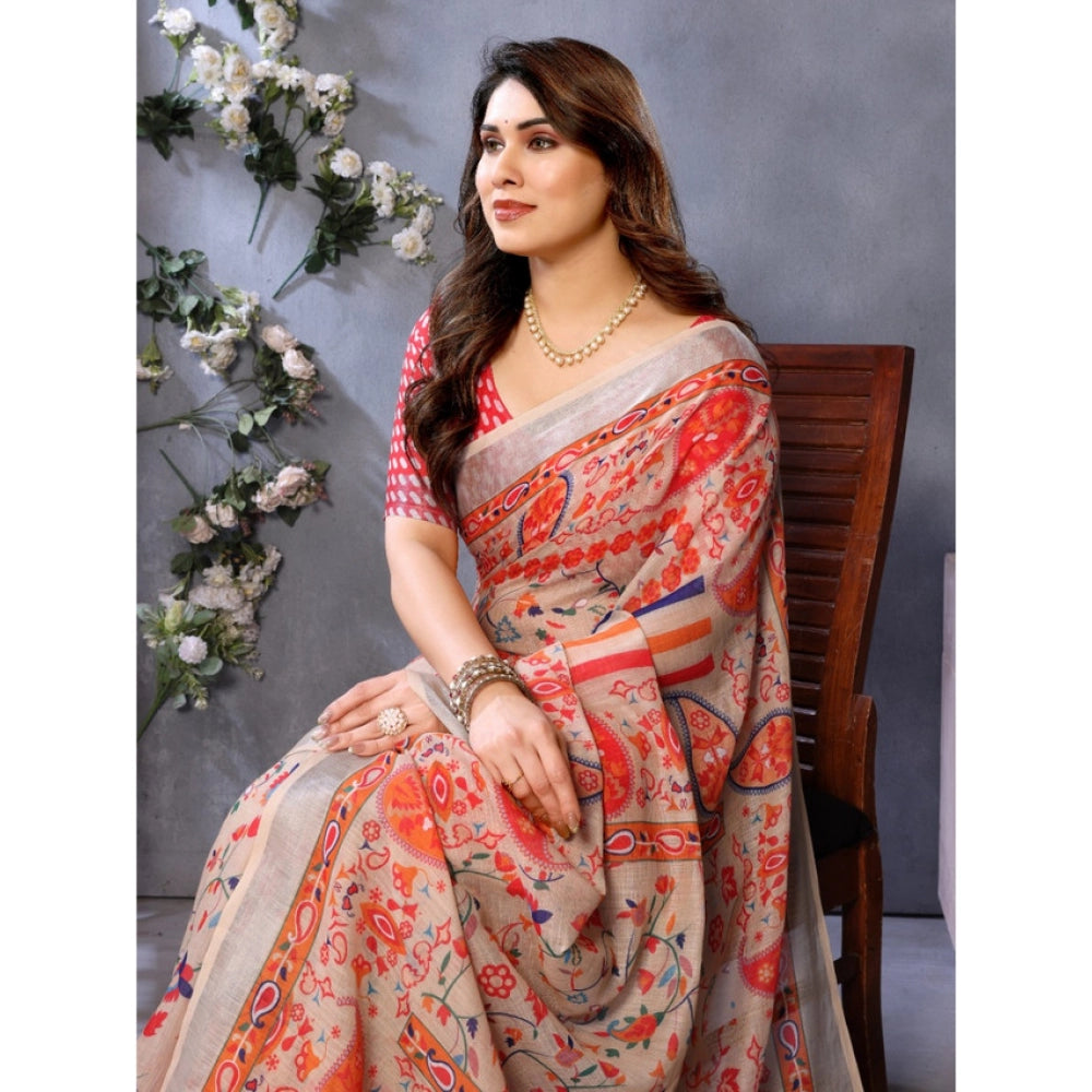 Women'S Linen Cotton Printed Saree With Unstitched Blouse 5.5M