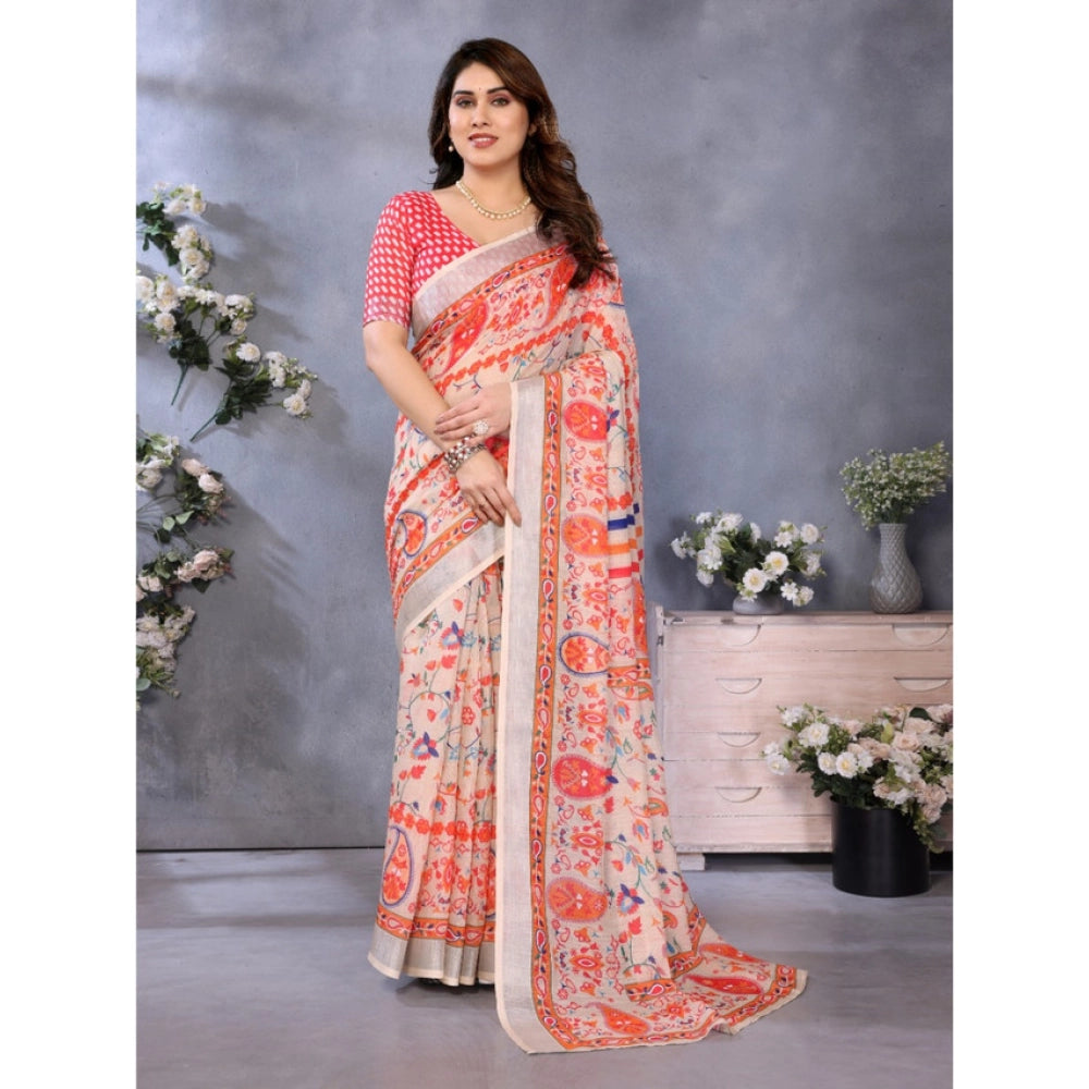 Women'S Linen Cotton Printed Saree With Unstitched Blouse 5.5M