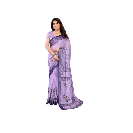Women'S Linen Cotton Printed Saree With Unstitched Blouse 5.5M