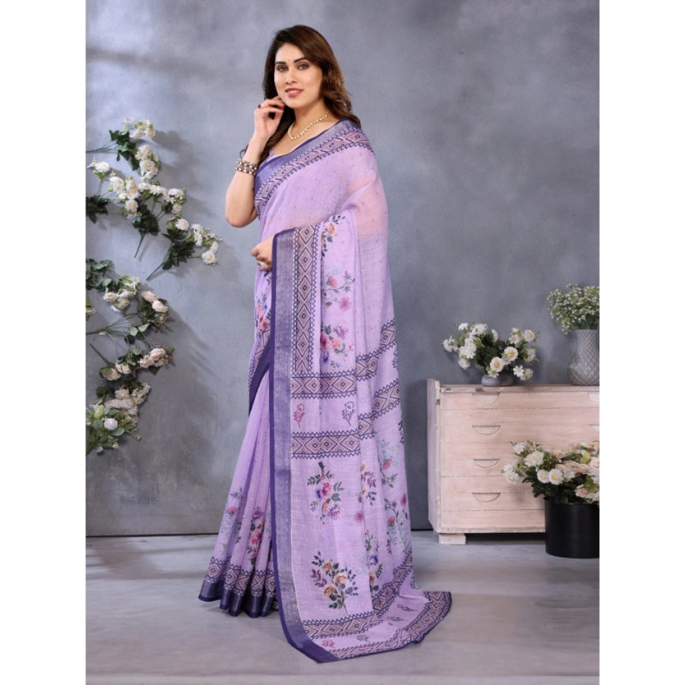 Women'S Linen Cotton Printed Saree With Unstitched Blouse 5.5M