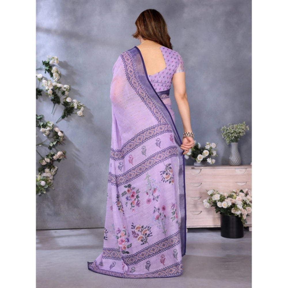 Women'S Linen Cotton Printed Saree With Unstitched Blouse 5.5M