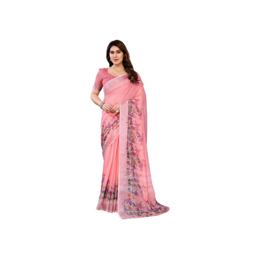 Women'S Linen Cotton Printed Saree With Unstitched Blouse 5.5M