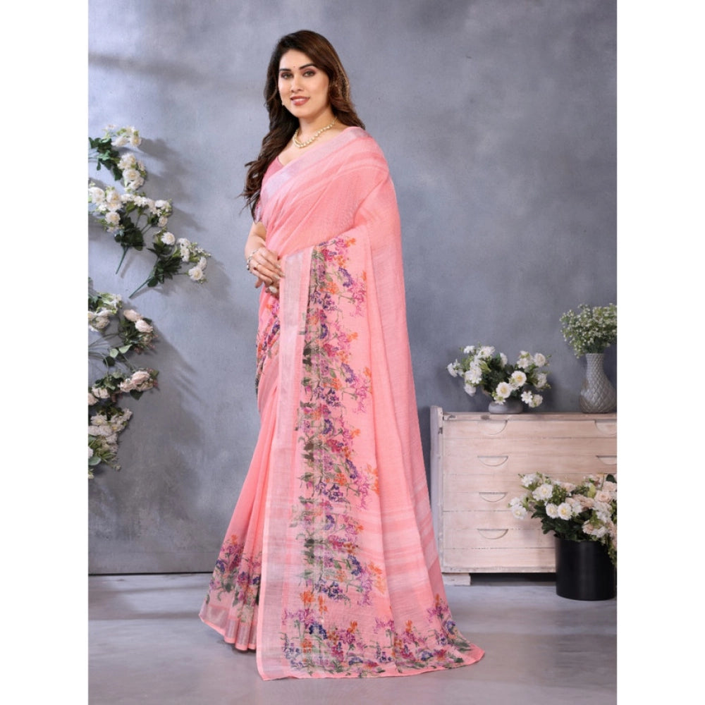 Women'S Linen Cotton Printed Saree With Unstitched Blouse 5.5M