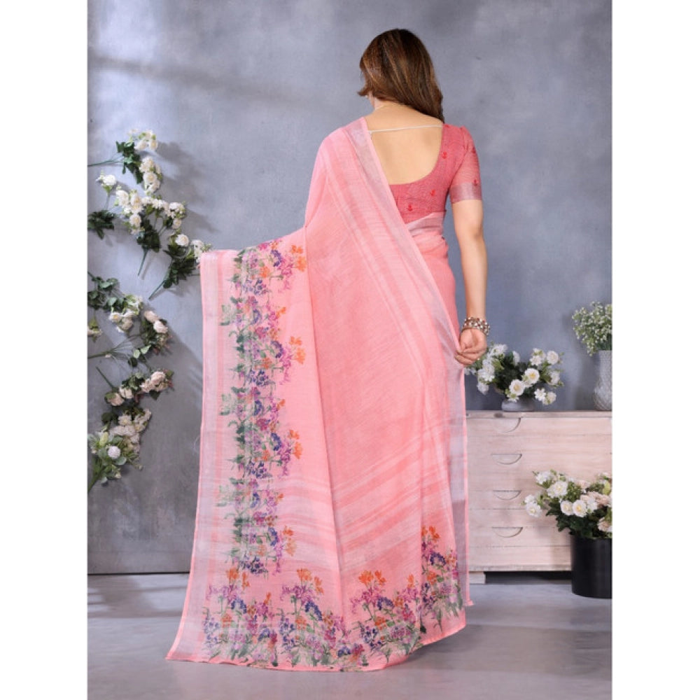 Women'S Linen Cotton Printed Saree With Unstitched Blouse 5.5M