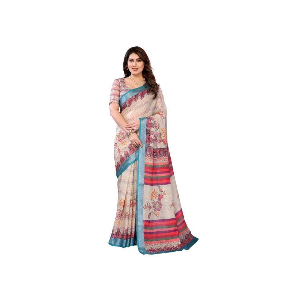 Women'S Linen Cotton Printed Saree With Unstitched Blouse 5.5M