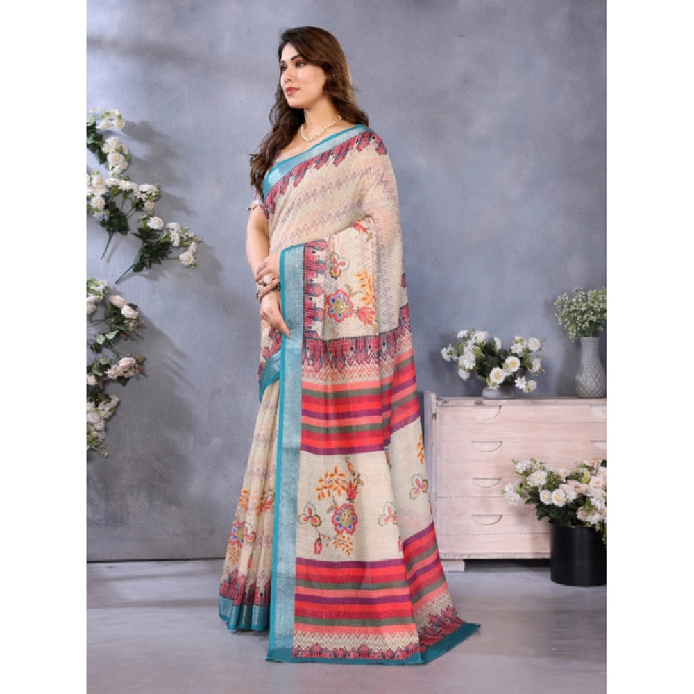 Women'S Linen Cotton Printed Saree With Unstitched Blouse 5.5M