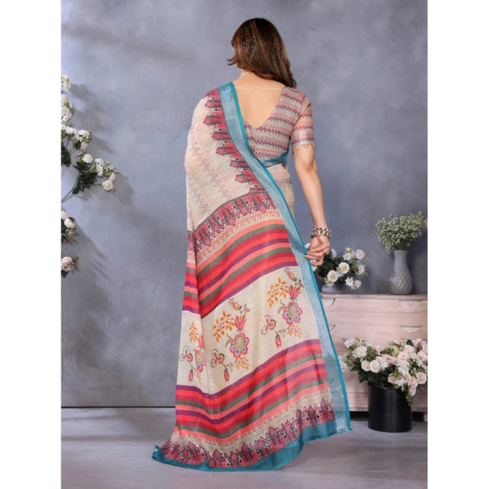 Women'S Linen Cotton Printed Saree With Unstitched Blouse 5.5M