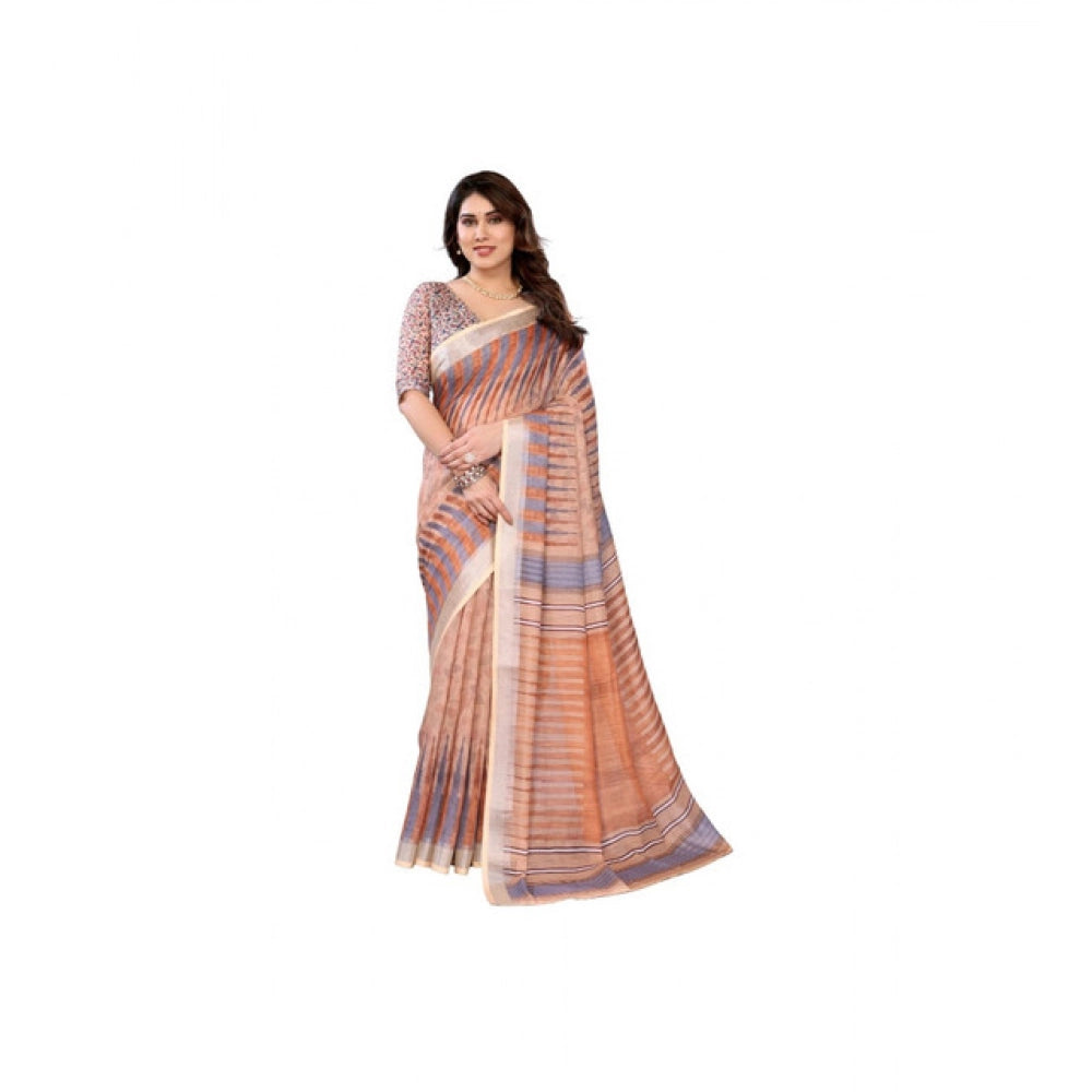 Women'S Linen Cotton Printed Saree With Unstitched Blouse 5.5M