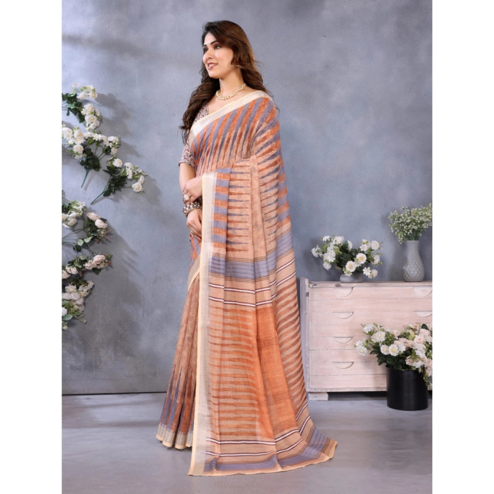 Women'S Linen Cotton Printed Saree With Unstitched Blouse 5.5M
