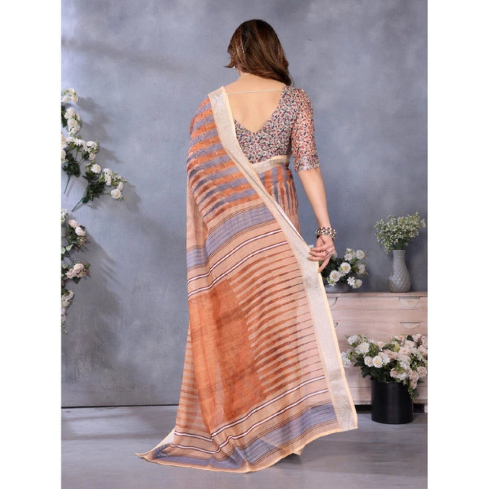 Women'S Linen Cotton Printed Saree With Unstitched Blouse 5.5M
