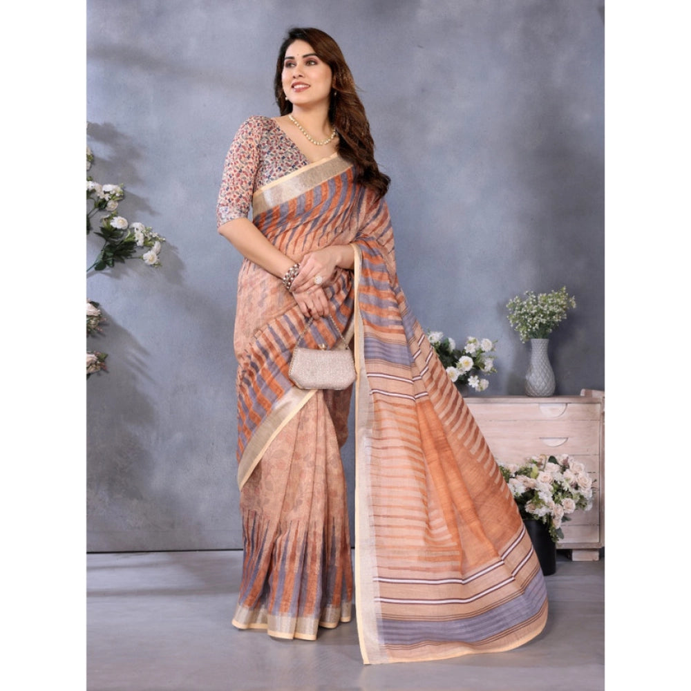 Women'S Linen Cotton Printed Saree With Unstitched Blouse 5.5M
