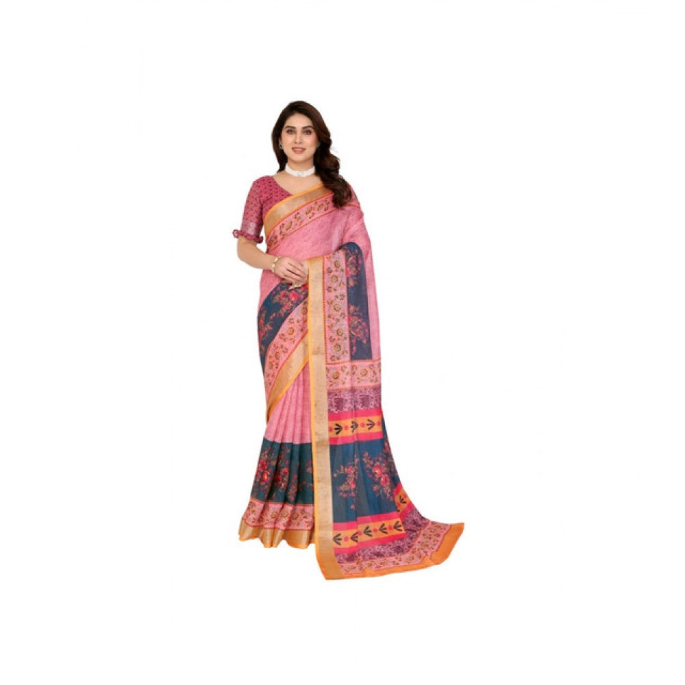 Women'S Linen Cotton Printed Saree With Unstitched Blouse 5.5M