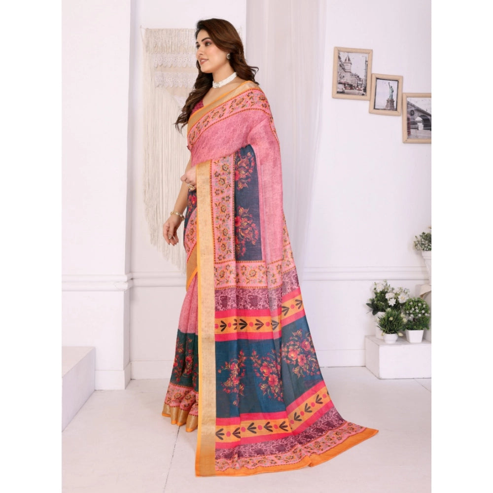 Women'S Linen Cotton Printed Saree With Unstitched Blouse 5.5M