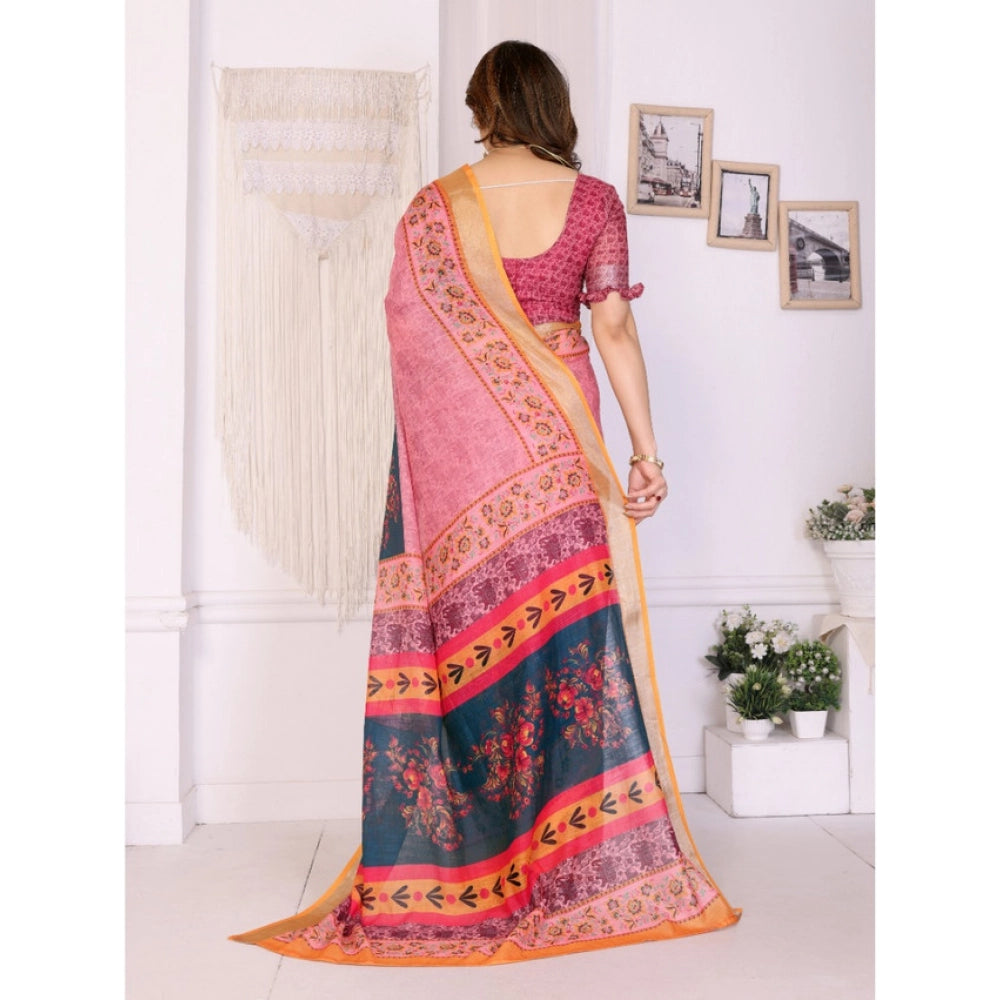 Women'S Linen Cotton Printed Saree With Unstitched Blouse 5.5M