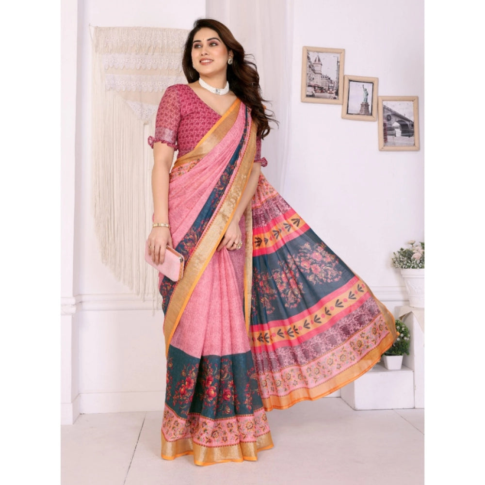Women'S Linen Cotton Printed Saree With Unstitched Blouse 5.5M