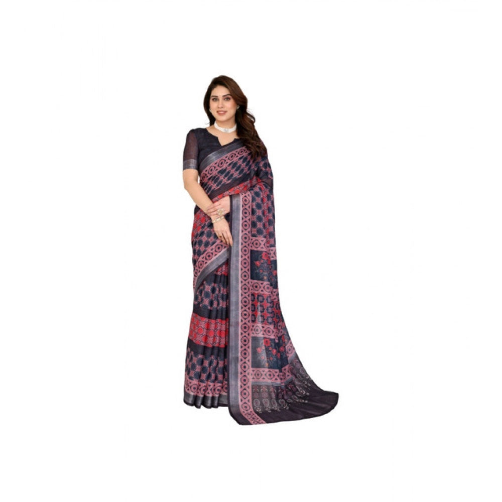 Women'S Linen Cotton Printed Saree With Unstitched Blouse 5.5M