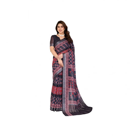 Women'S Linen Cotton Printed Saree With Unstitched Blouse 5.5M