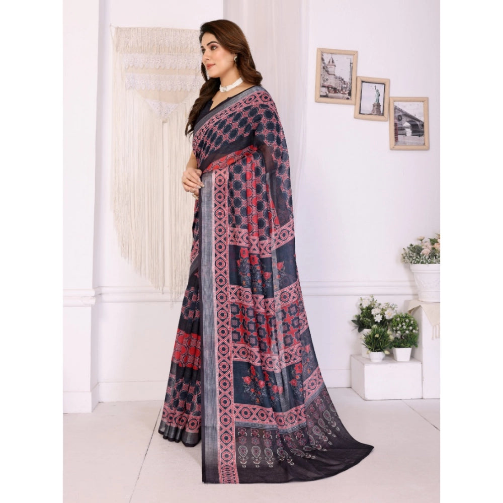 Women'S Linen Cotton Printed Saree With Unstitched Blouse 5.5M