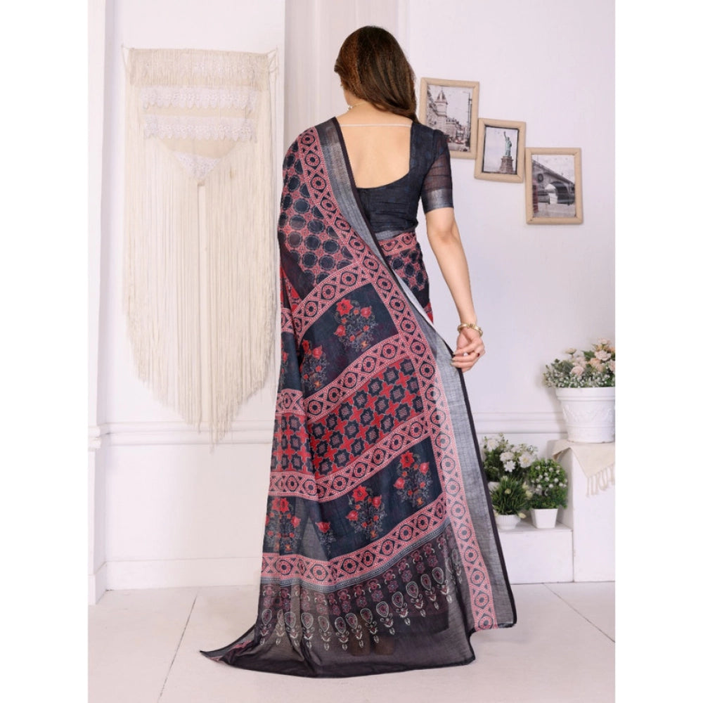 Women'S Linen Cotton Printed Saree With Unstitched Blouse 5.5M