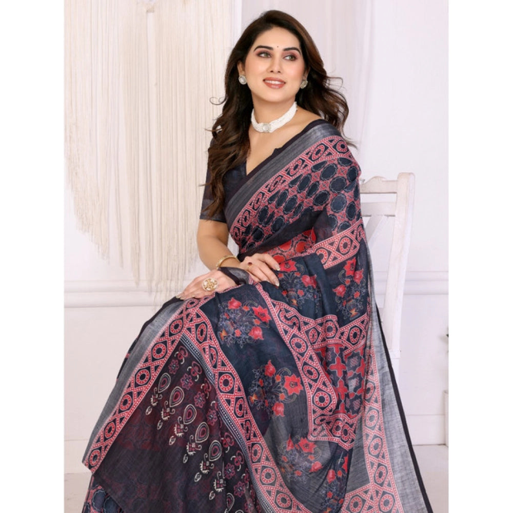 Women'S Linen Cotton Printed Saree With Unstitched Blouse 5.5M