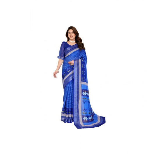 Women's Linen Cotton Printed Saree With Unstitched Blouse 5.5Mtr (Blue) - VANSHELLE