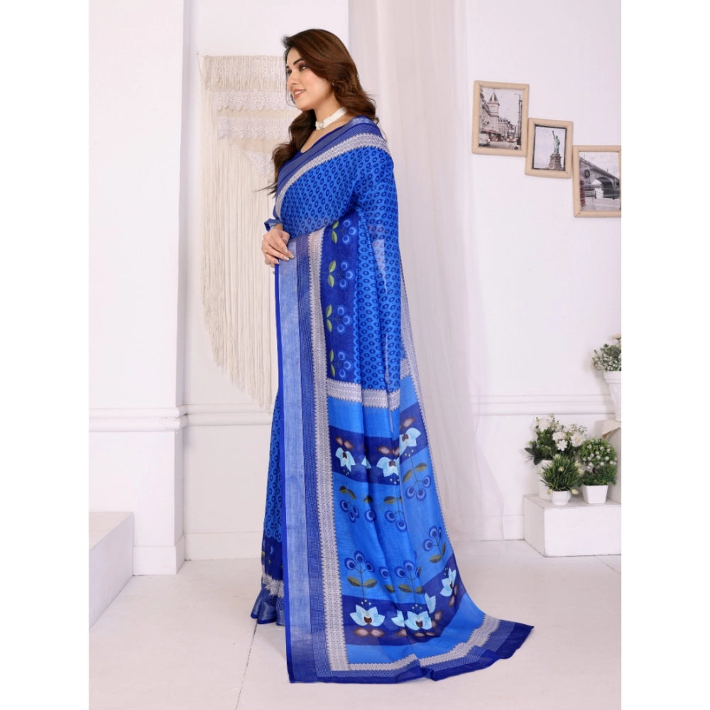 Women's Linen Cotton Printed Saree With Unstitched Blouse 5.5Mtr (Blue) - VANSHELLE