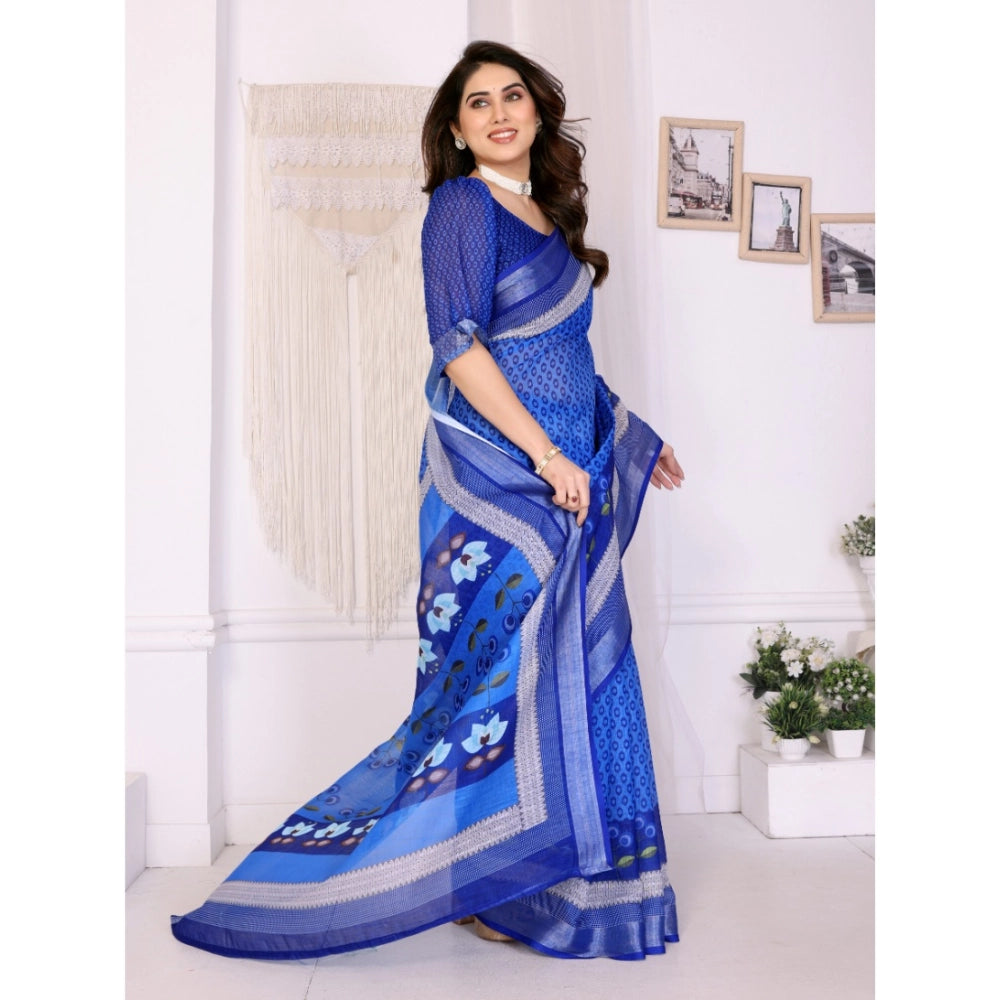 Women's Linen Cotton Printed Saree With Unstitched Blouse 5.5Mtr (Blue) - VANSHELLE