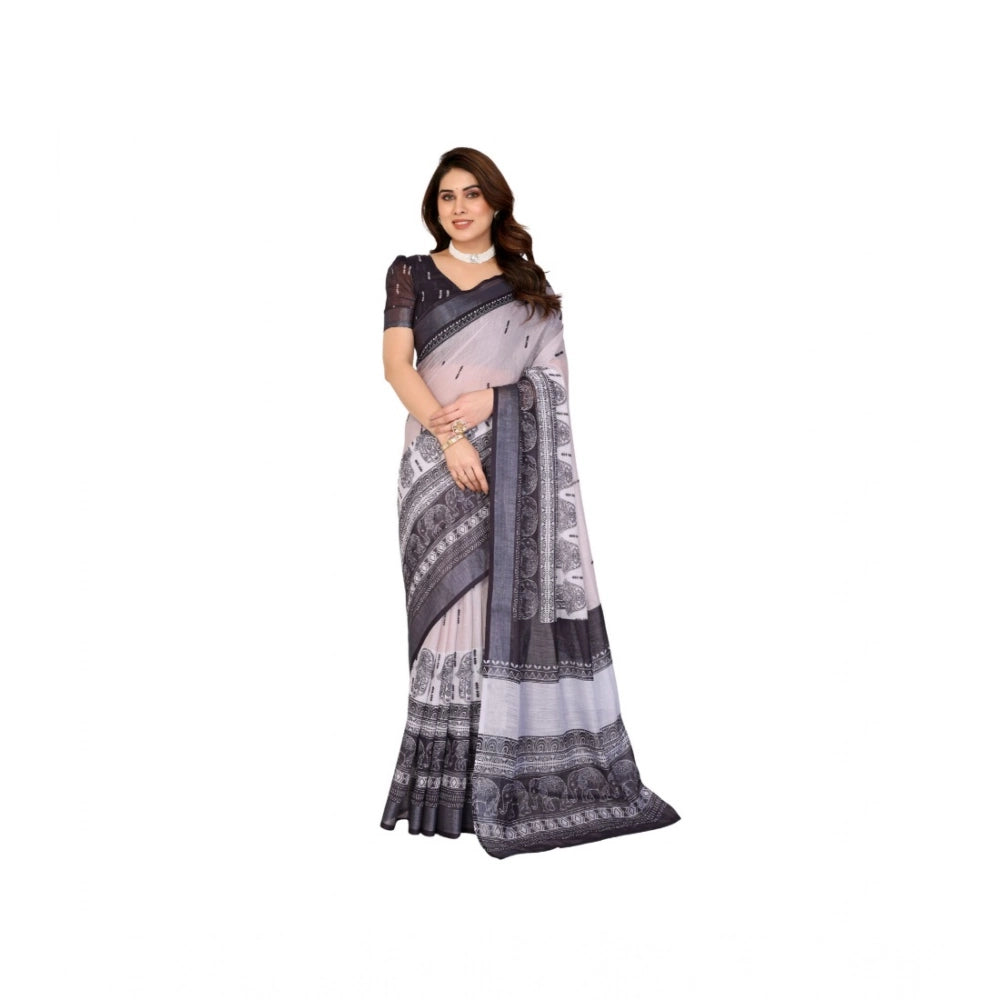 Women'S Linen Cotton Printed Saree With Unstitched Blouse 5.5M