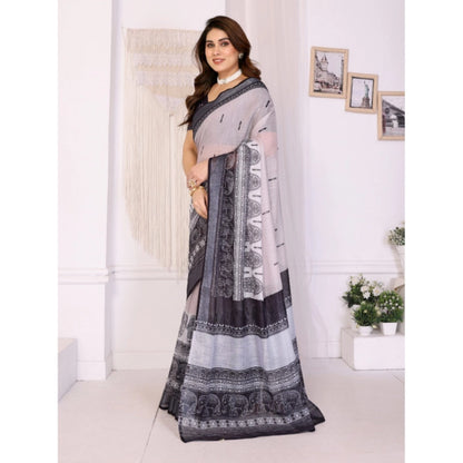 Women's Linen Cotton  Printed Saree With Unstitched Blouse 5.5Mtr (White &amp; Black)