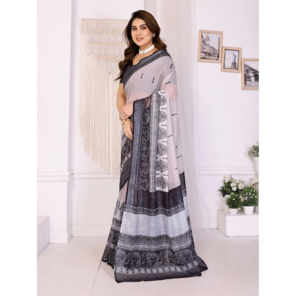 Women'S Linen Cotton Printed Saree With Unstitched Blouse 5.5M