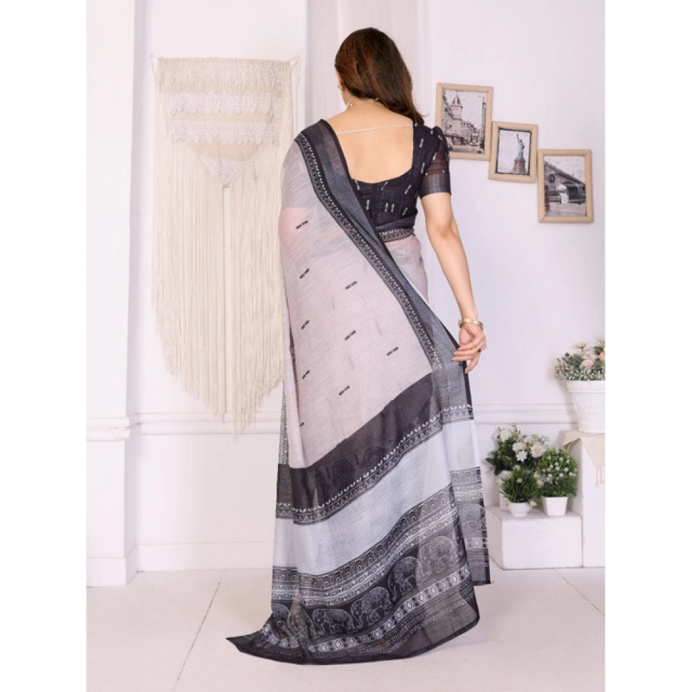 Women'S Linen Cotton Printed Saree With Unstitched Blouse 5.5M
