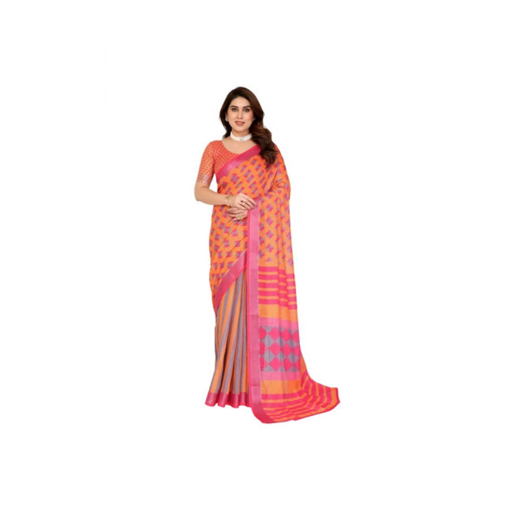 Women's Linen Cotton Printed Saree With Unstitched Blouse 5.5Mtr (Orange ) - VANSHELLE